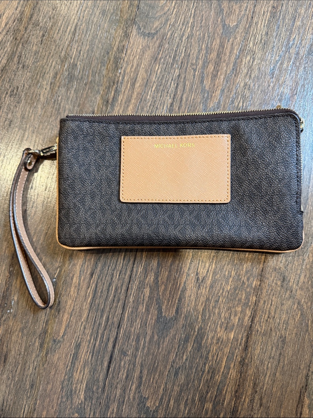 Michael Kors Dark Brown and Tan Signature Wristlet Clutch